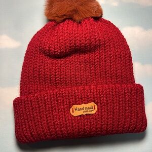 Handmade Pom Beanie Hat - Red